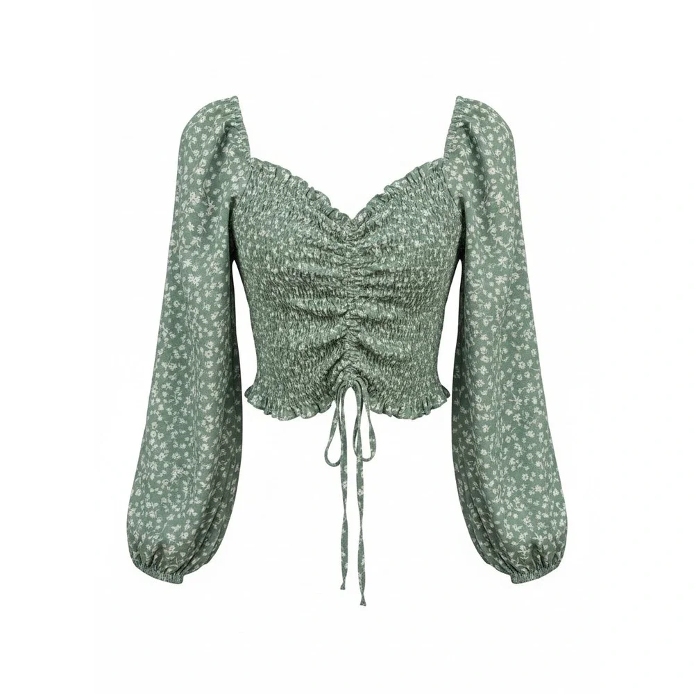 Hespens Sage‎ Green Floral Smocked Crop Top Sweetheart Neck Long Sleeve Size L